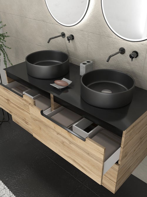 Mueble de baño con 2 lavabos redondos y 2 espejos redondos led negros - Kiabi