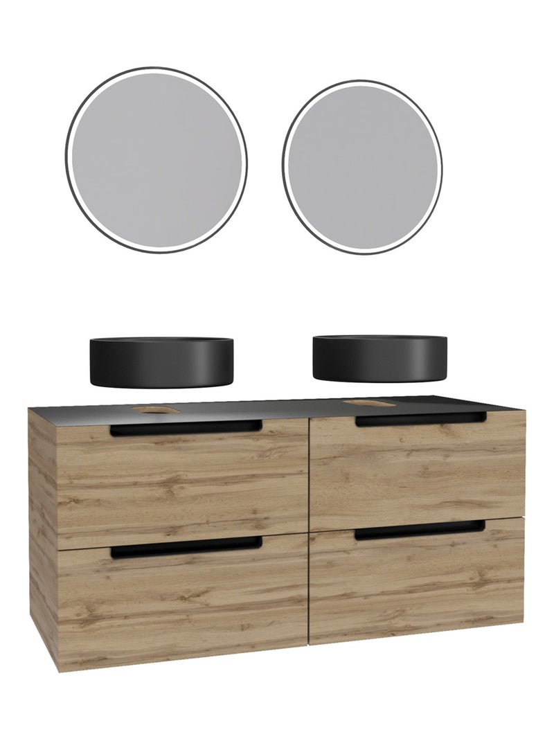 Mueble de baño con 2 lavabos redondos y 2 espejos redondos led negros Negro - Kiabi
