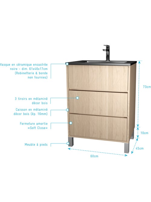 Mueble de baño con patas, 3 cajones y lavabo de cerámica - Kiabi