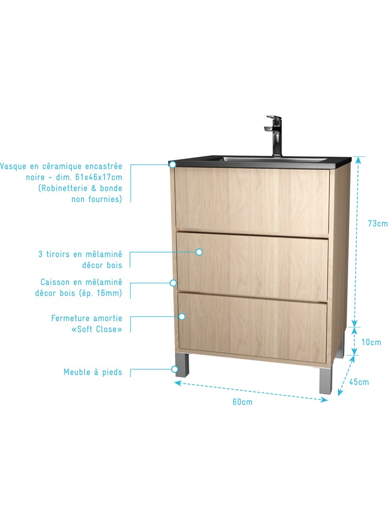 Mueble de baño con patas, 3 cajones y lavabo de cerámica Negro - Kiabi