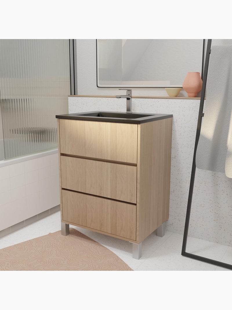 Mueble de baño con patas, 3 cajones y lavabo de cerámica Negro - Kiabi