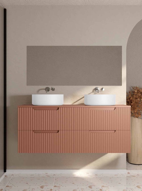 Mueble de baño doble lavabo redondo con frente ondulado y almacenaje integrado - Kiabi Mueble de baño doble lavabo redondo con frente ondulado y almacenaje integrado - Kiabi