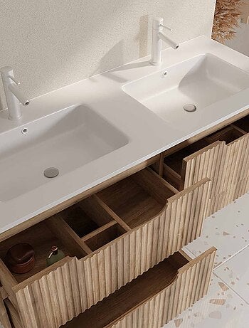 Mueble de lavabo doble con frente ondulado y amplio espacio de almacenamiento