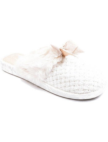 Mujer mules ozabi, tricot hilo lurex, cuello pelo sintético y lazo