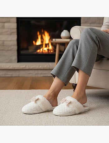 Mujer mules ozabi, tricot hilo lurex, cuello pelo sintético y lazo