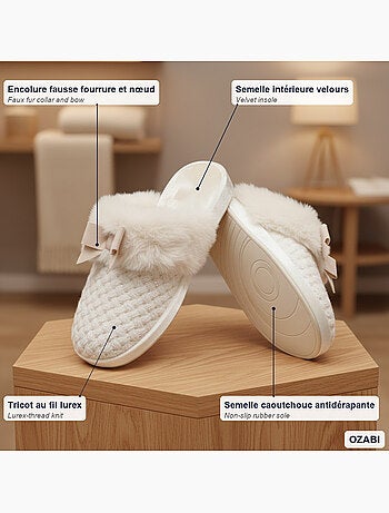 Mujer mules ozabi, tricot hilo lurex, cuello pelo sintético y lazo