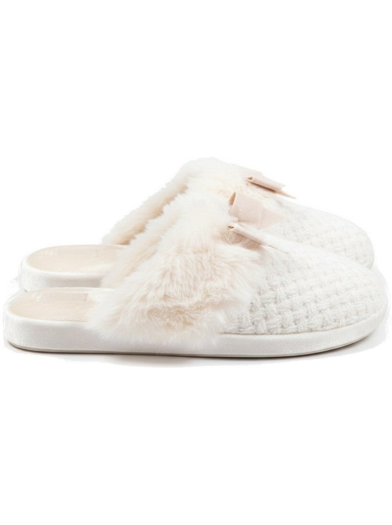 Mujer mules ozabi, tricot hilo lurex, cuello pelo sintético y lazo Beige - Kiabi