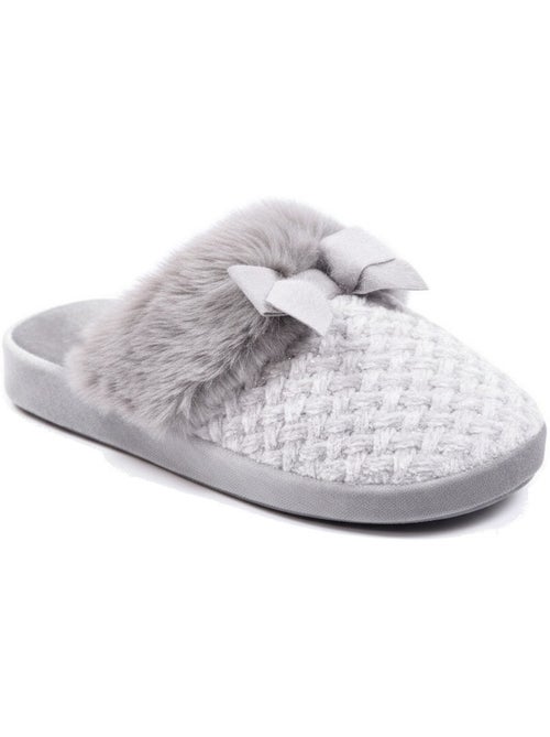 Mujer mules ozabi, tricot hilo lurex, cuello pelo sintético y lazo - Kiabi