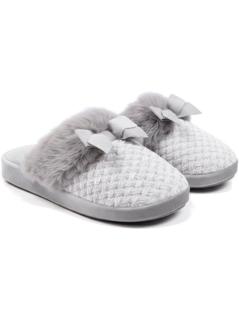 Mujer mules ozabi, tricot hilo lurex, cuello pelo sintético y lazo Gris - Kiabi