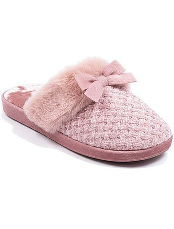 Mujer mules ozabi, tricot hilo lurex, cuello pelo sintético y lazo