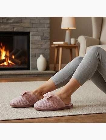 Mujer mules ozabi, tricot hilo lurex, cuello pelo sintético y lazo