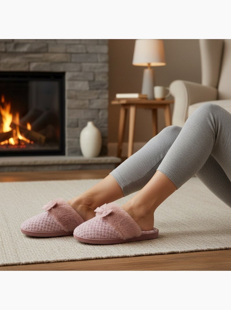 Mujer mules ozabi, tricot hilo lurex, cuello pelo sintético y lazo Malva - Kiabi