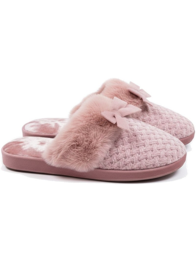 Mujer mules ozabi, tricot hilo lurex, cuello pelo sintético y lazo Malva - Kiabi
