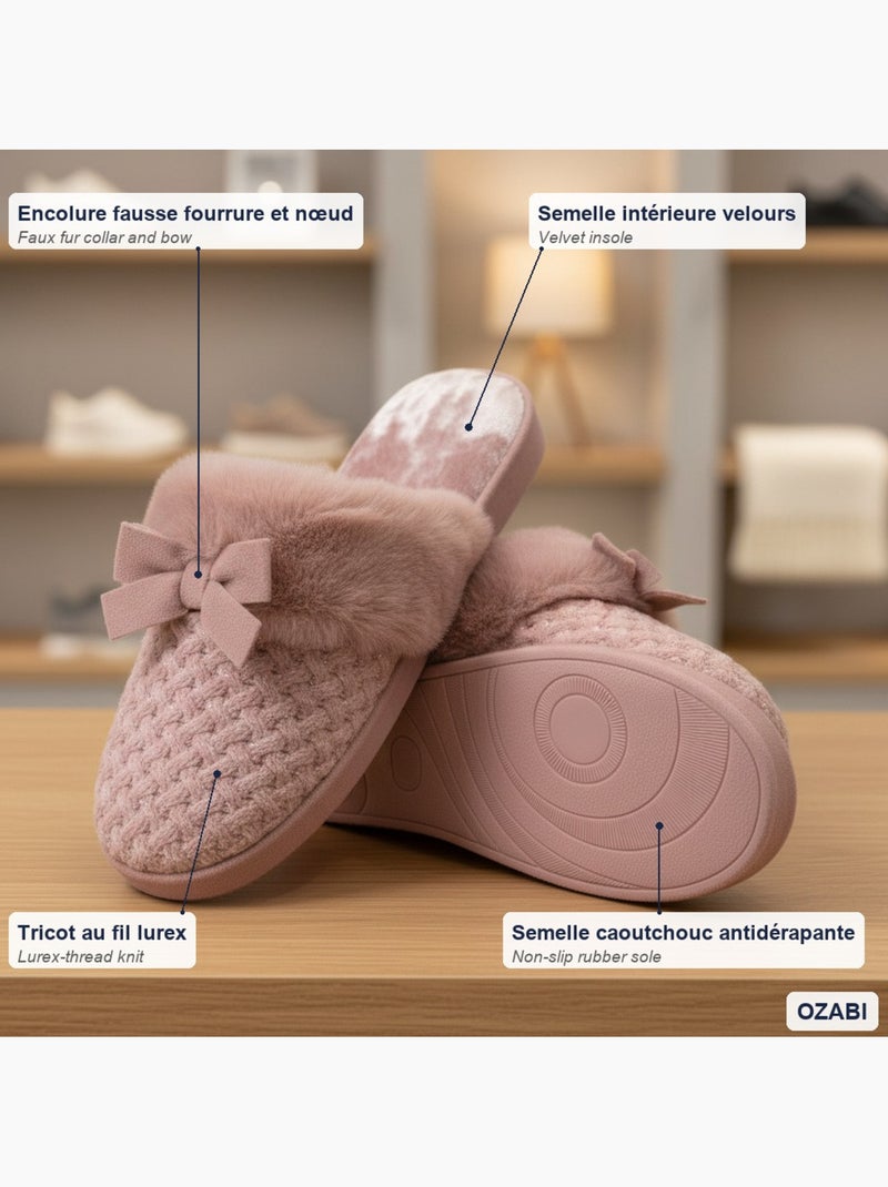 Mujer mules ozabi, tricot hilo lurex, cuello pelo sintético y lazo Malva - Kiabi