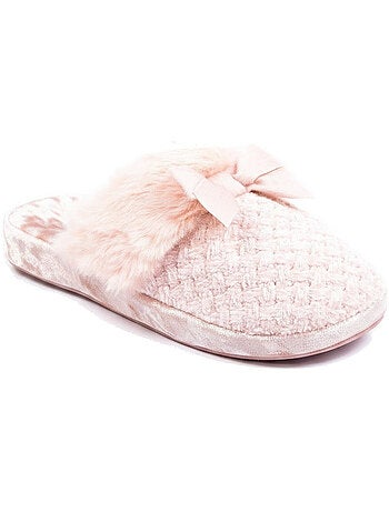 Mujer mules ozabi, tricot hilo lurex, cuello pelo sintético y lazo