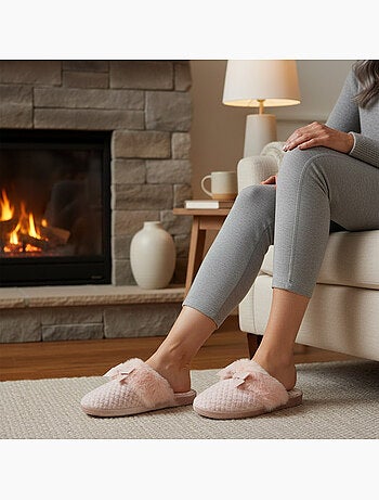 Mujer mules ozabi, tricot hilo lurex, cuello pelo sintético y lazo