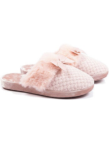 Mujer mules ozabi, tricot hilo lurex, cuello pelo sintético y lazo