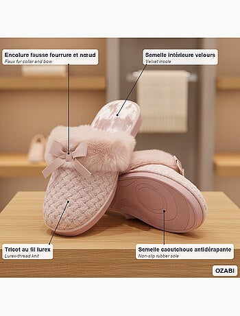 Mujer mules ozabi, tricot hilo lurex, cuello pelo sintético y lazo