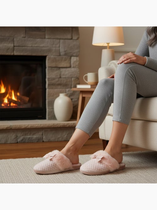 Mujer mules ozabi, tricot hilo lurex, cuello pelo sintético y lazo - Kiabi