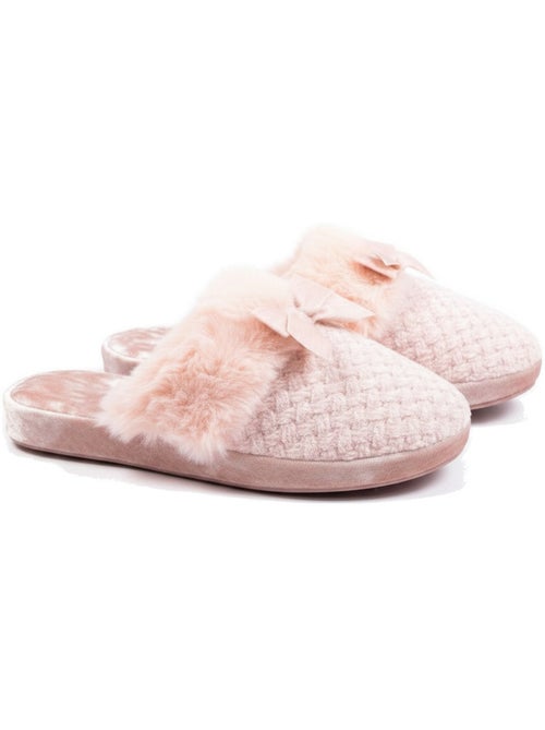Mujer mules ozabi, tricot hilo lurex, cuello pelo sintético y lazo - Kiabi