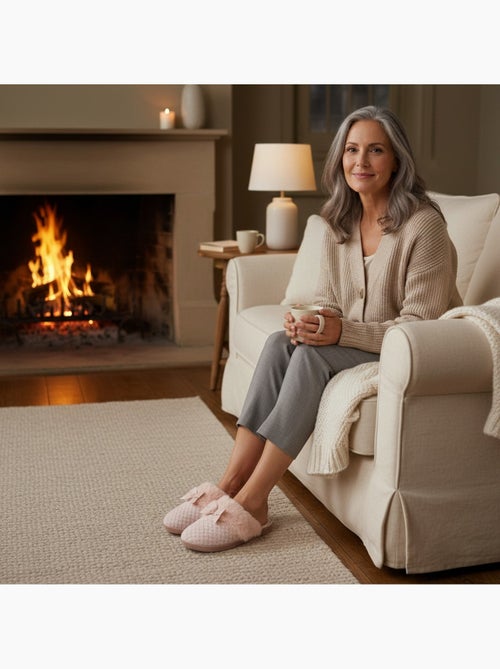 Mujer mules ozabi, tricot hilo lurex, cuello pelo sintético y lazo - Kiabi