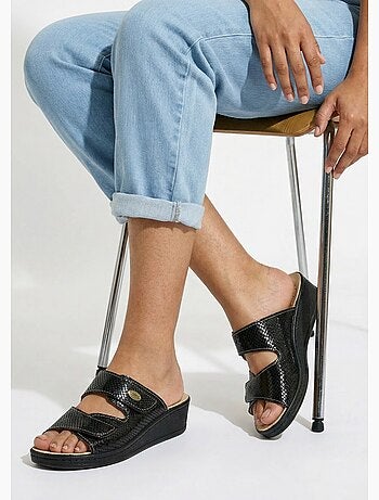 Mules anchos de piel con velcro - afibel