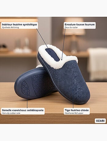 Mules mujer invierno ozabi, fieltro liso jaspeado, cuello pelo sintético