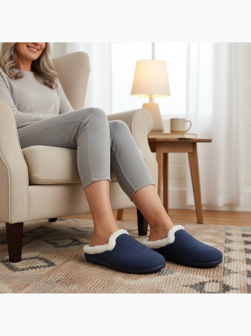 Mules mujer invierno ozabi, fieltro liso jaspeado, cuello pelo sintético Azul marino - Kiabi