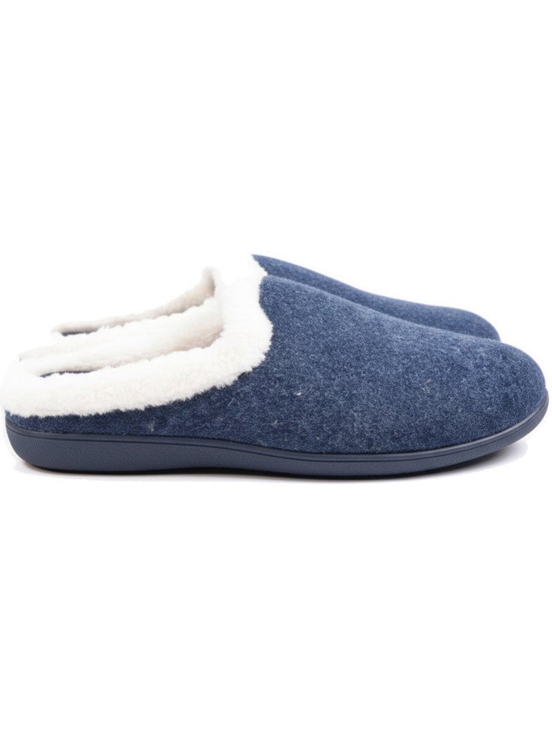 Mules mujer invierno ozabi, fieltro liso jaspeado, cuello pelo sintético Azul marino - Kiabi