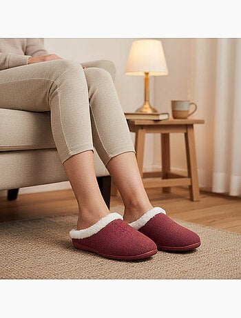 Mules mujer invierno ozabi, fieltro liso jaspeado, cuello pelo sintético