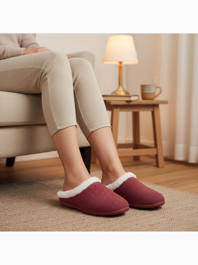 Mules mujer invierno ozabi, fieltro liso jaspeado, cuello pelo sintético Burdeos - Kiabi