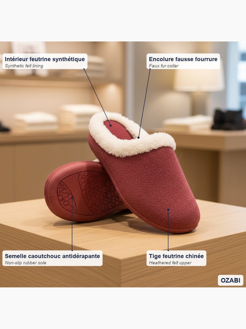 Mules mujer invierno ozabi, fieltro liso jaspeado, cuello pelo sintético Burdeos - Kiabi