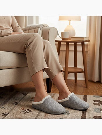 Mules mujer invierno ozabi, fieltro liso jaspeado, cuello pelo sintético