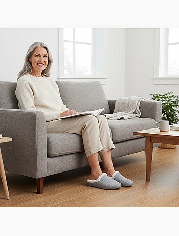 Mules mujer invierno ozabi, fieltro liso jaspeado, cuello pelo sintético