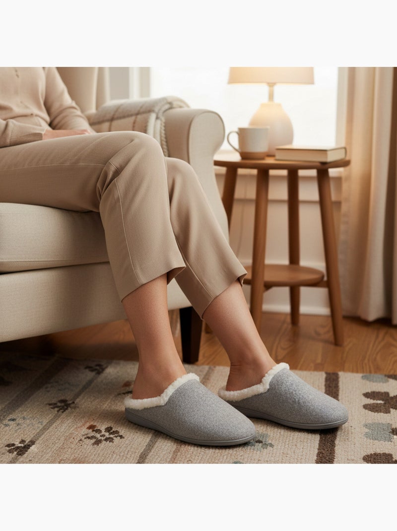 Mules mujer invierno ozabi, fieltro liso jaspeado, cuello pelo sintético Gris - Kiabi