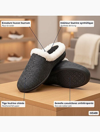 Mules mujer invierno ozabi, fieltro liso jaspeado, cuello pelo sintético