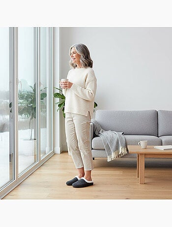 Mules mujer invierno ozabi, fieltro liso jaspeado, cuello pelo sintético