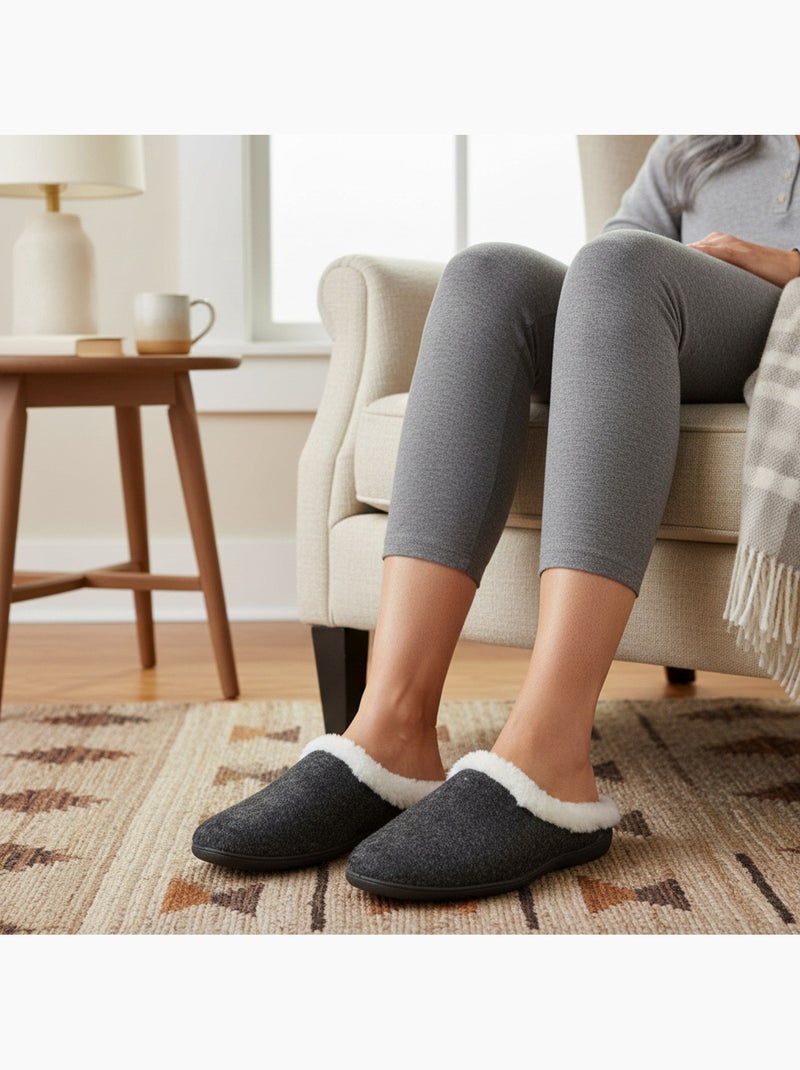 Mules mujer invierno ozabi, fieltro liso jaspeado, cuello pelo sintético Negro - Kiabi