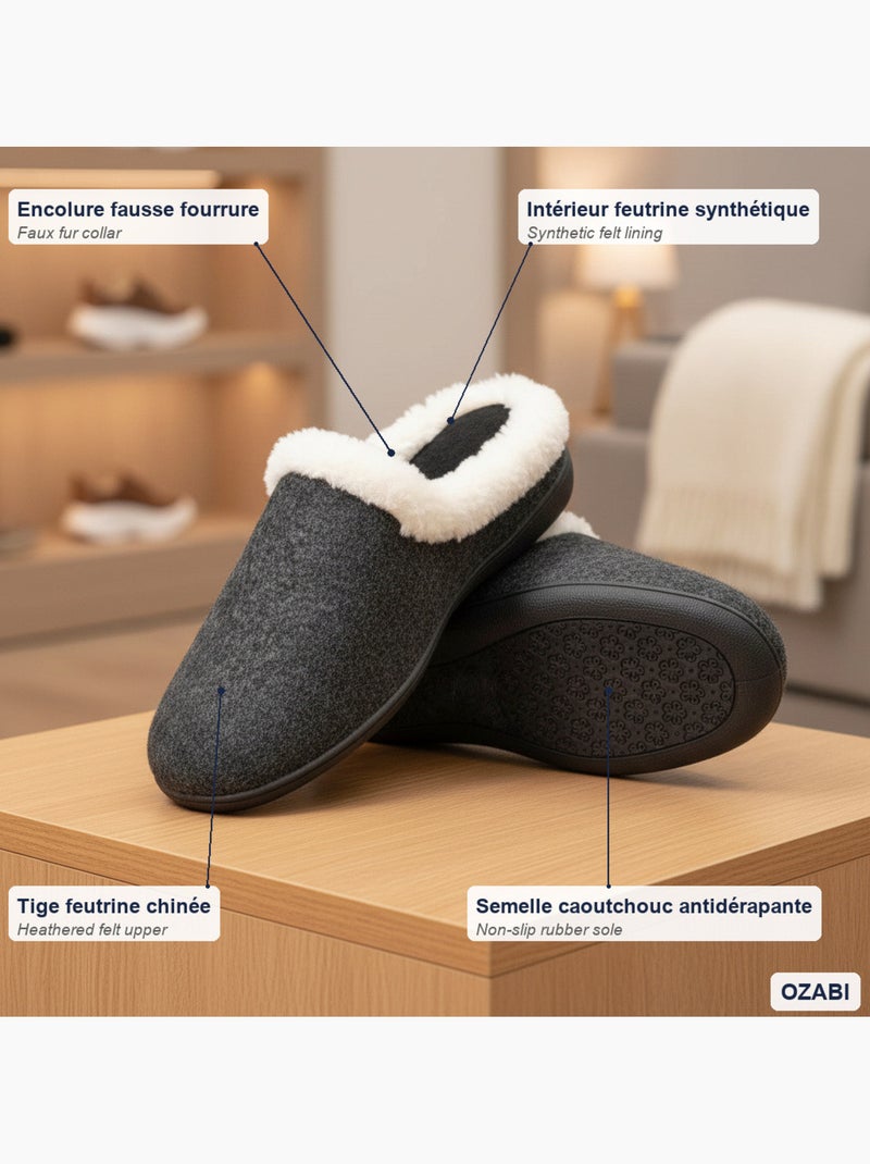 Mules mujer invierno ozabi, fieltro liso jaspeado, cuello pelo sintético Negro - Kiabi