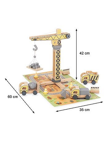 Obra de construcción madera grúa y vehículos Mamabrum