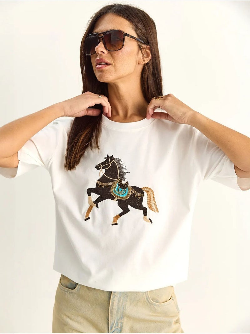 Oversized embroidered sequin t-shirt lucci Blanco - Kiabi