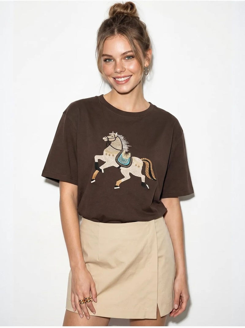 Oversized embroidered sequin t-shirt lucci Marrón - Kiabi