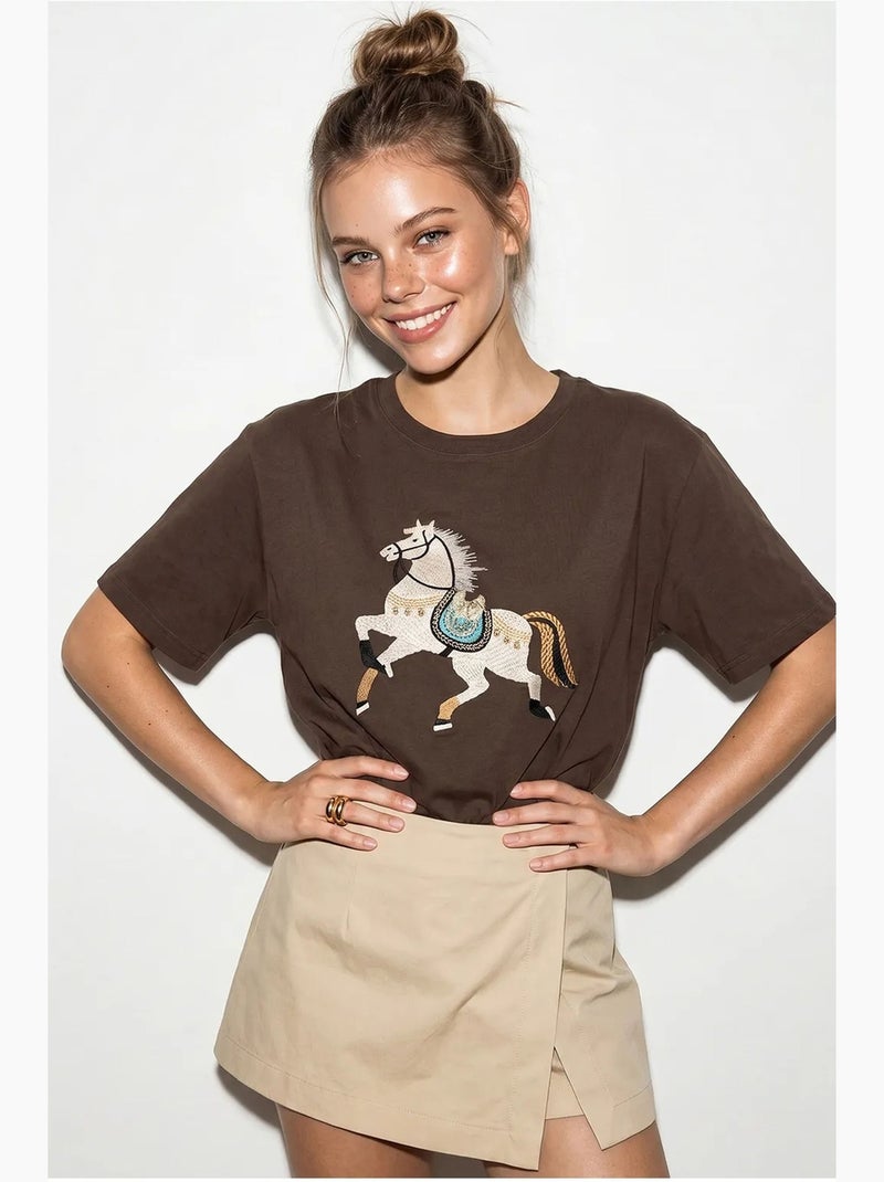 Oversized embroidered sequin t-shirt lucci Marrón - Kiabi