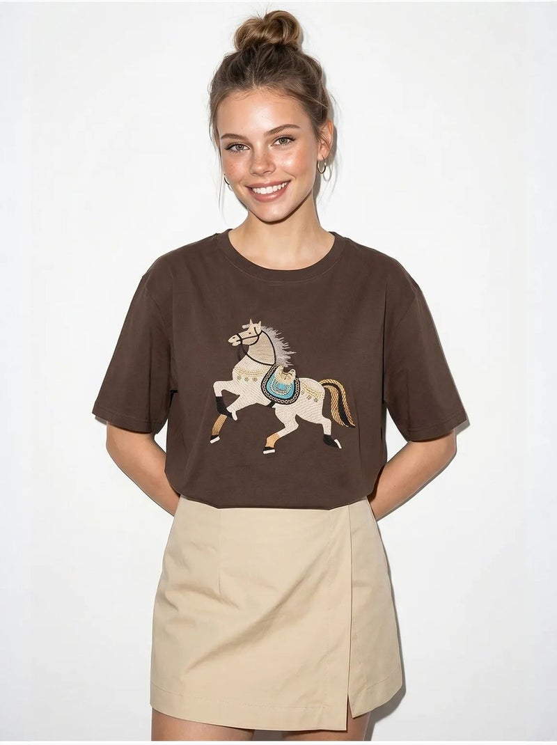Oversized embroidered sequin t-shirt lucci Marrón - Kiabi