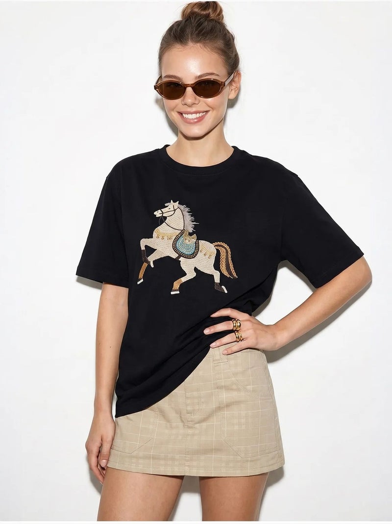 Oversized embroidered sequin t-shirt lucci Negro - Kiabi