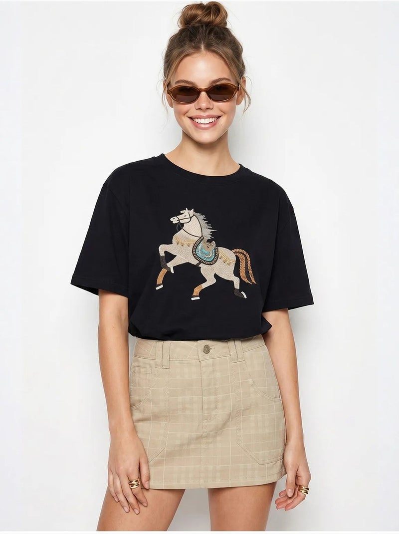 Oversized embroidered sequin t-shirt lucci Negro - Kiabi