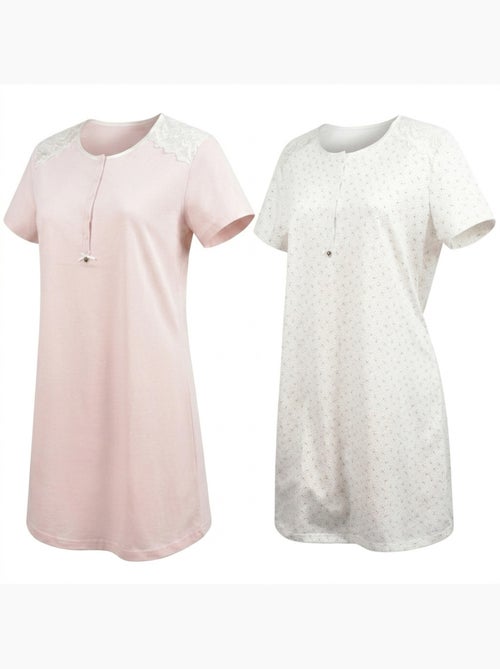 Pack 2 Camisas de Noche Mujer Encaje Botones Manga Corta Algodón OZABI - Kiabi Pack 2 Camisas de Noche Mujer Encaje Botones Manga Corta Algodón OZABI - Kiabi