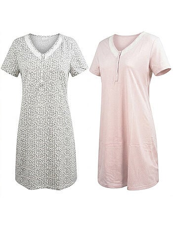 Pack 2 Camisas de Noche Mujer Encaje Botones Manga Corta Algodón OZABI