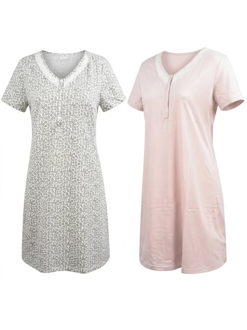 Pack 2 Camisas de Noche Mujer Encaje Botones Manga Corta Algodón OZABI - Kiabi Pack 2 Camisas de Noche Mujer Encaje Botones Manga Corta Algodón OZABI - Kiabi