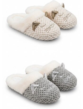 Pack 2 pares de mulas mujer motivo gato forro pelo sintético OZABI